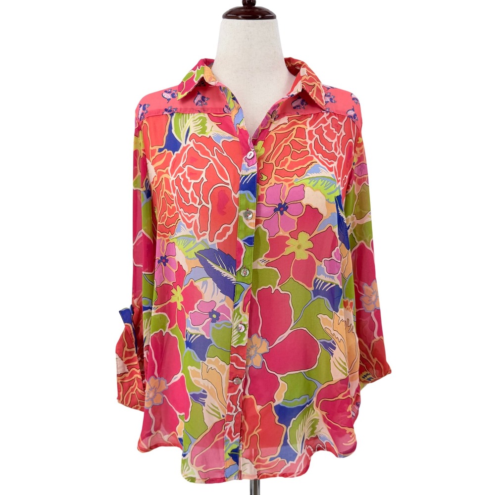 Fig and FlowerTropical Floral Button Up Roll Tab Sleeve Blouse Coral Pink L - Picture 1 of 10